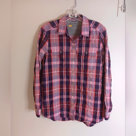 Eddie Bauer Womens Packable Nylon Blend Button Up Shirt Sz Small Purple Plaid - Picture 1 of 4